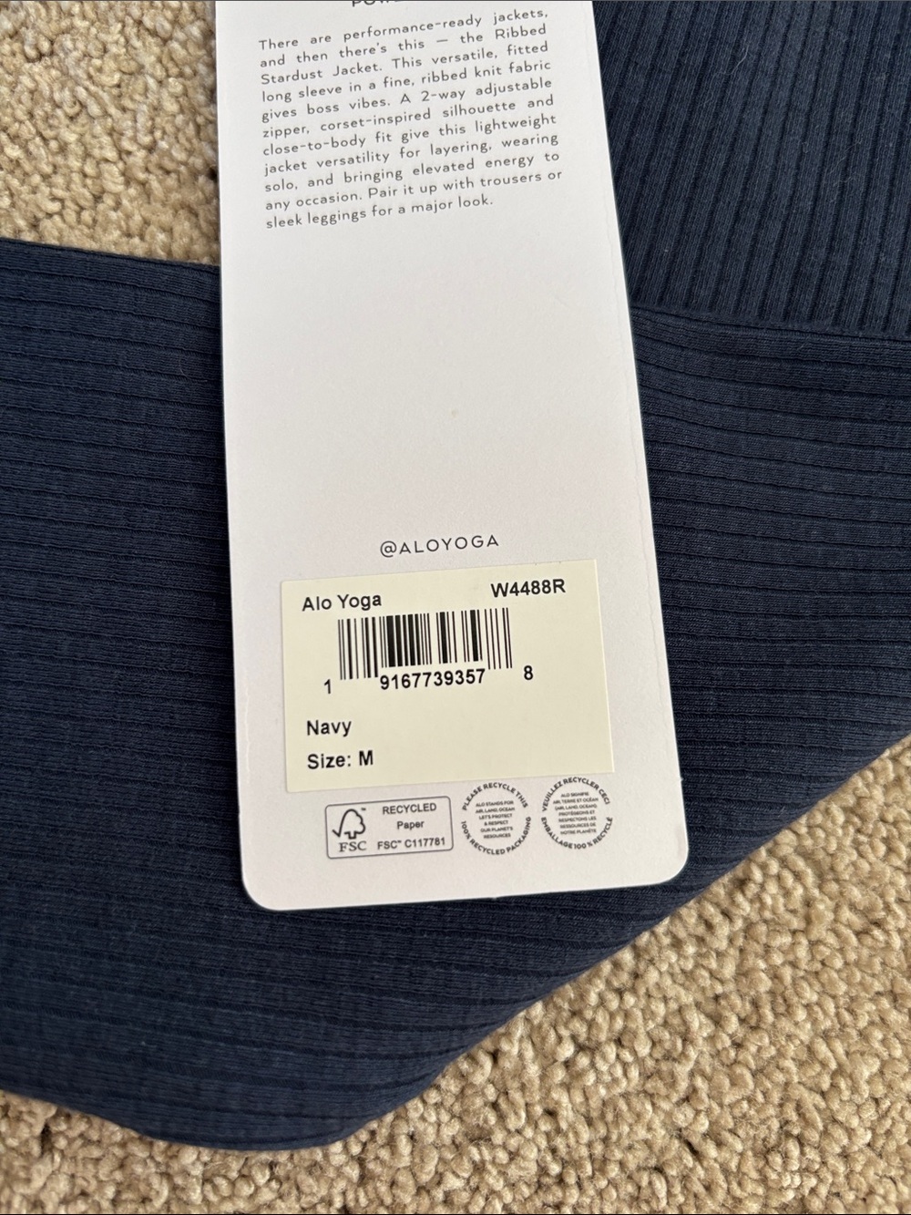 ALO Yoga Blue Ribbed Zip-Front Long Sleeve Top - Picture 2 of 5